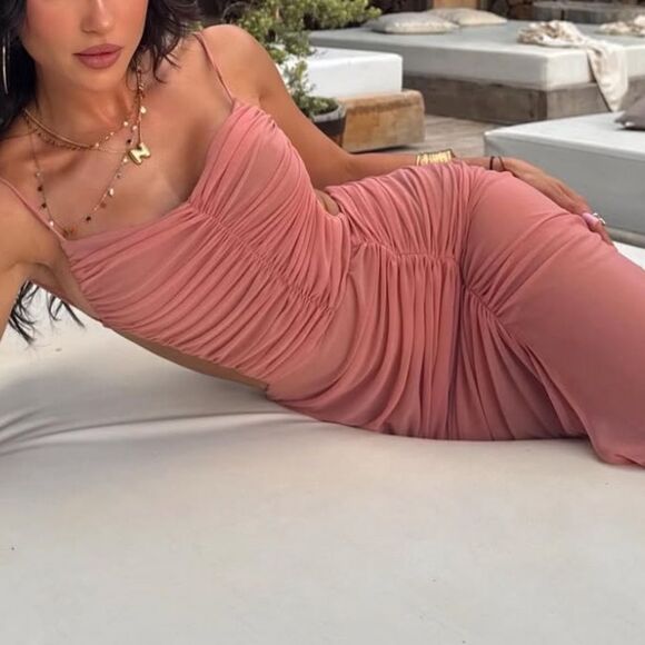 Michael Costello x REVOLVE Follie Maxi Pink Dress Gown Mesh Halter Size XS - Picture 8 of 16